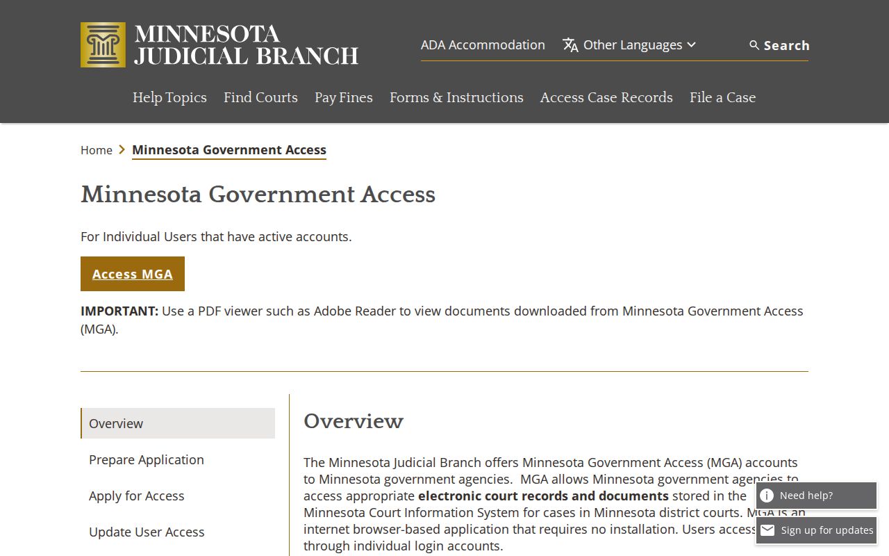 Minnesota Government Access page explaining the warrant flag for Cook County outstanding warrants