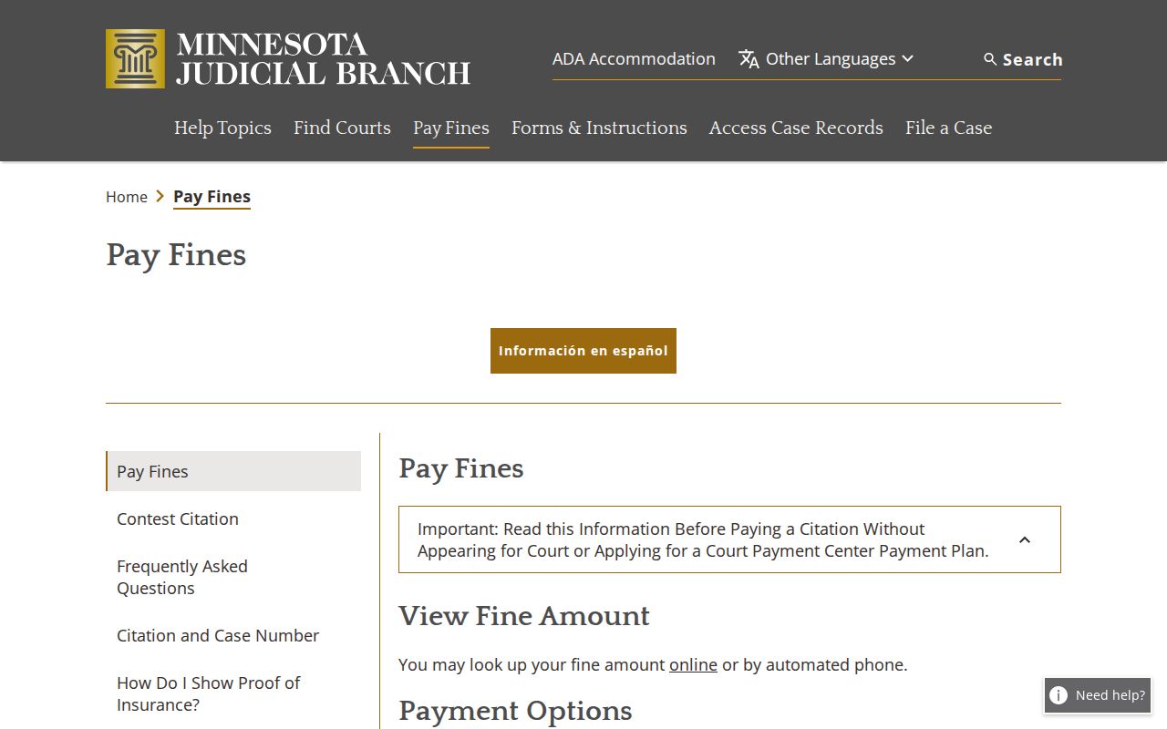 Minnesota pay a fine page used for Cook County traffic warrant payment questions