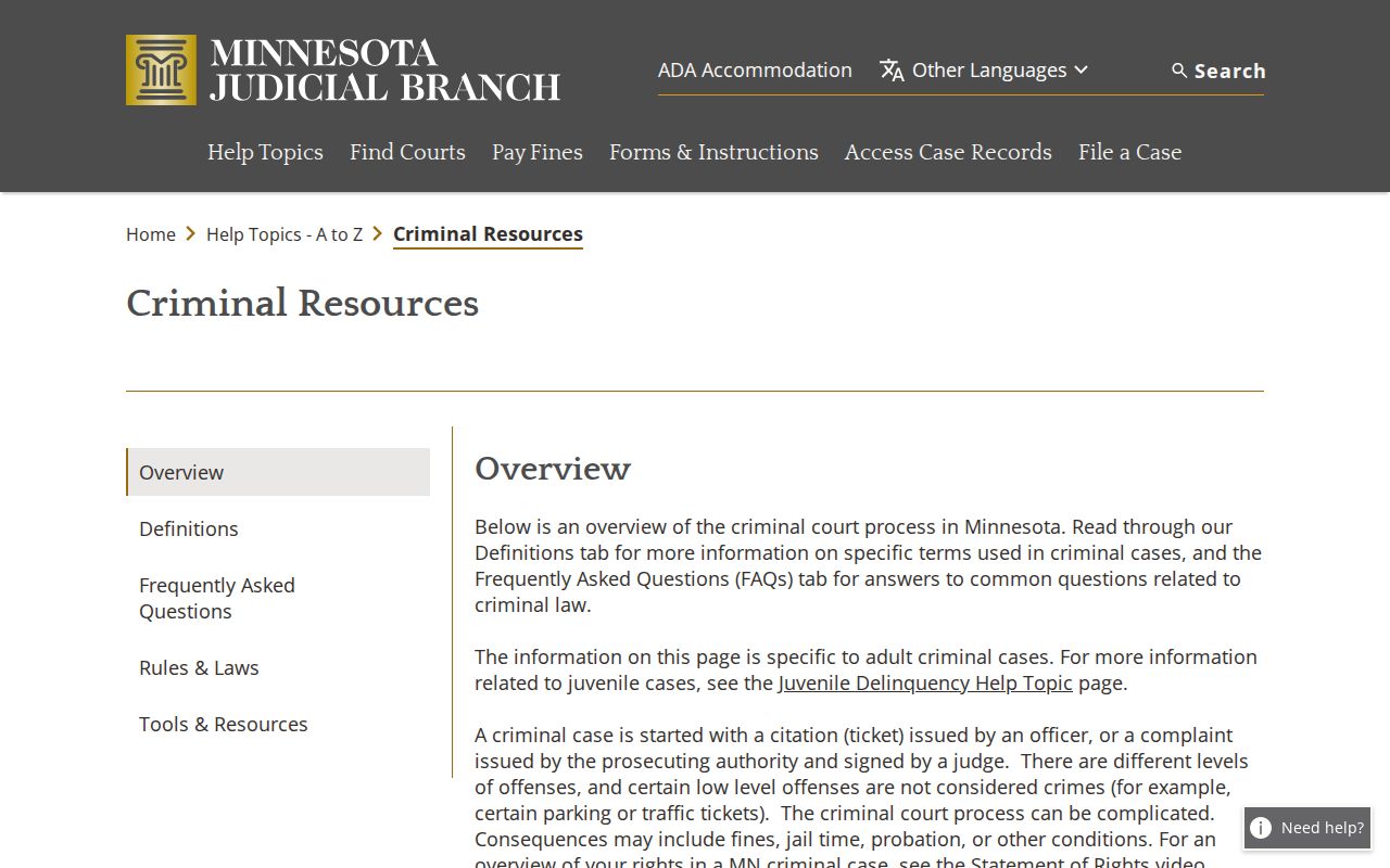 Minnesota criminal case help page used for Cook County arrest warrant questions