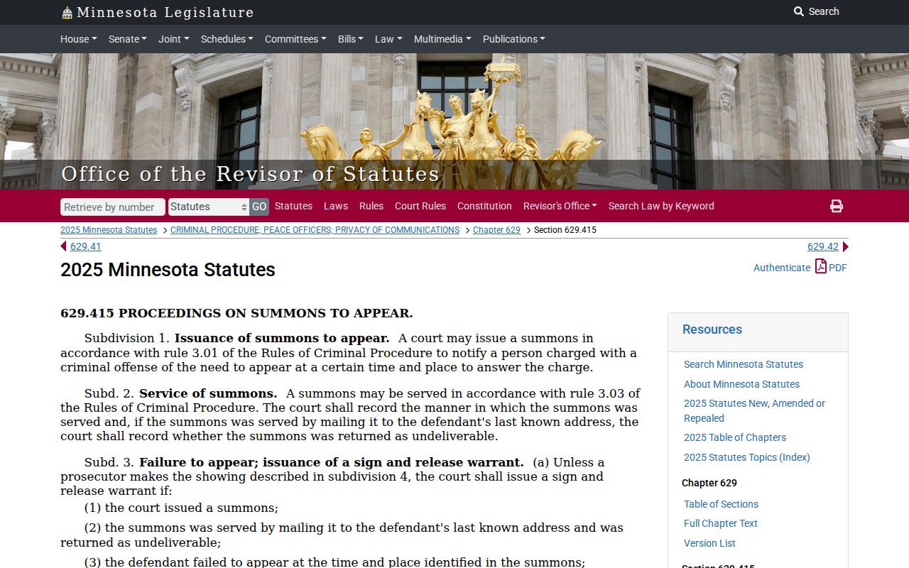 Minnesota sign-and-release statute page used for Cook County bench warrant questions
