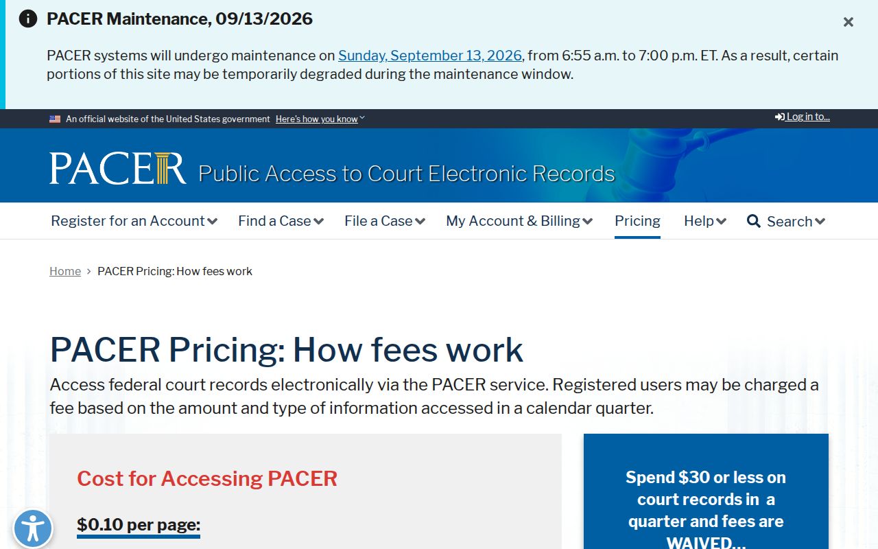 PACER pricing page for federal records relevant to Cook County most wanted list research