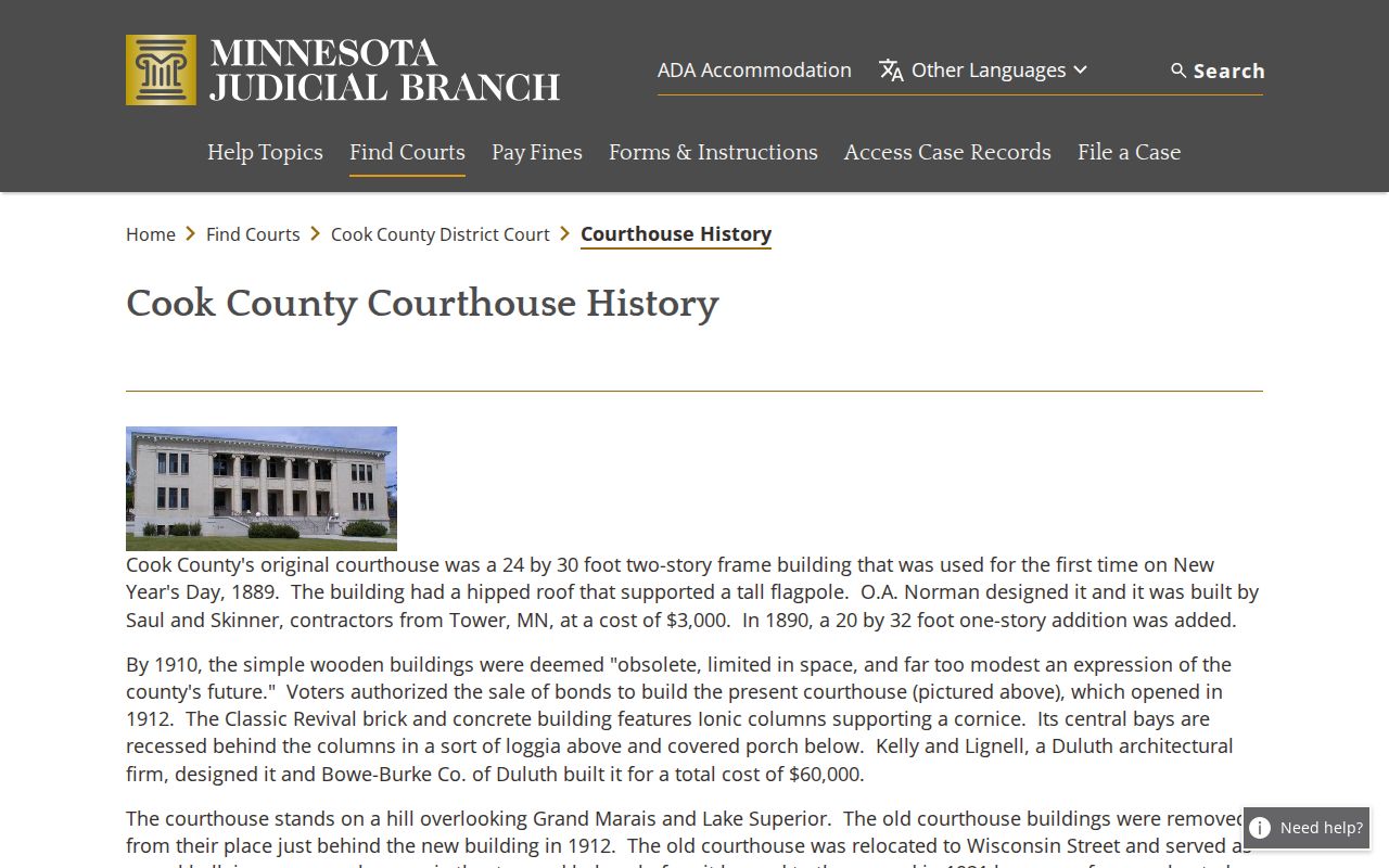 Cook County courthouse history page for Grand Marais warrant records
