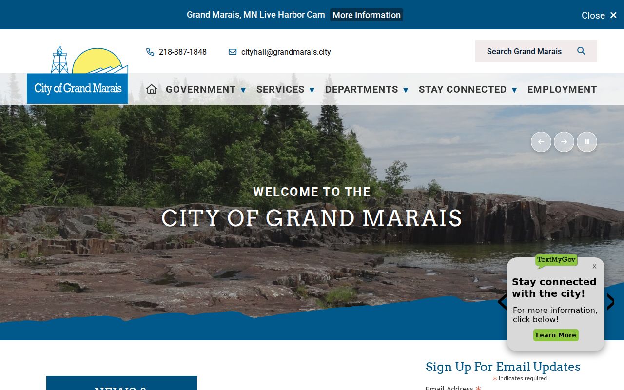 Grand Marais city site navigation checked for Cook County municipal warrant records
