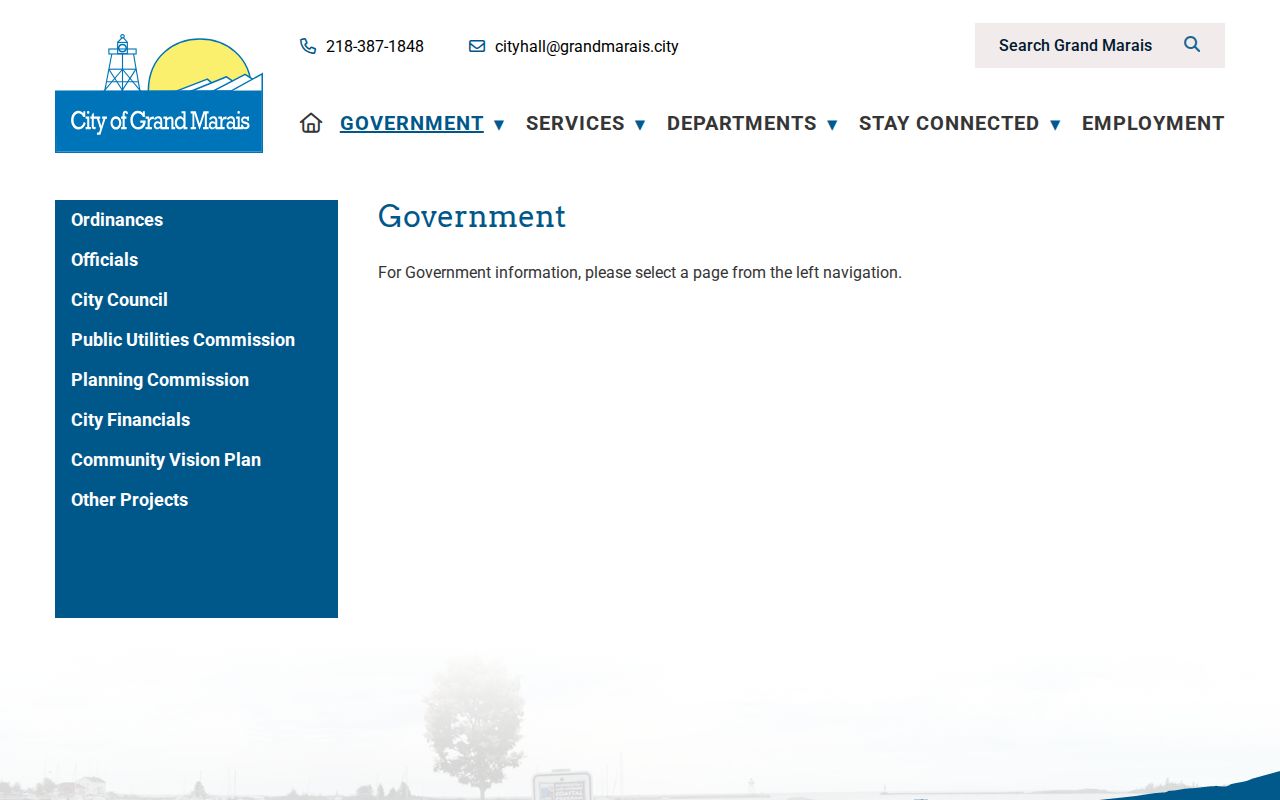 Grand Marais city government page showing no municipal court for Cook County municipal warrant records