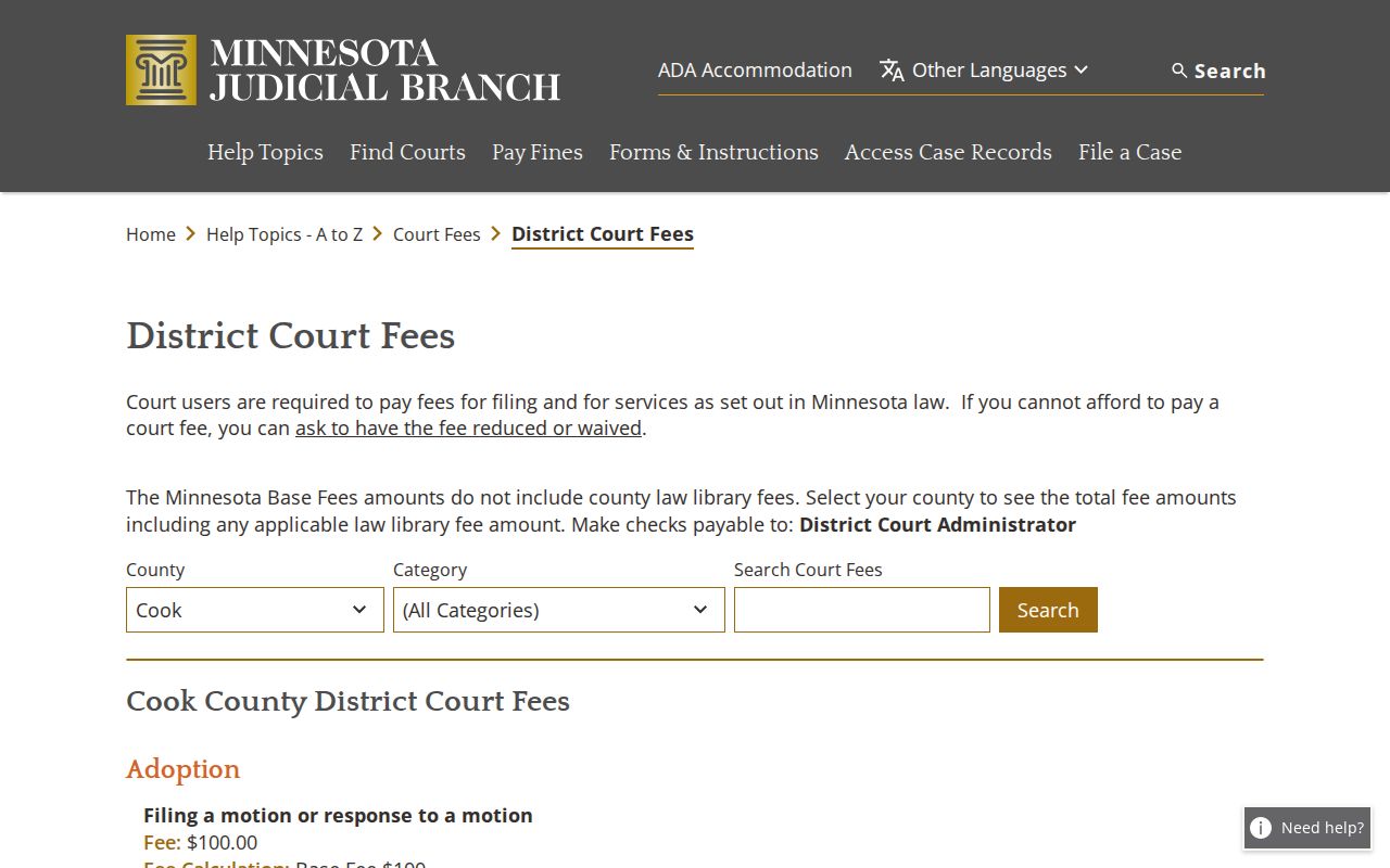 Cook County district court fee schedule page for copies of Cook County warrant records