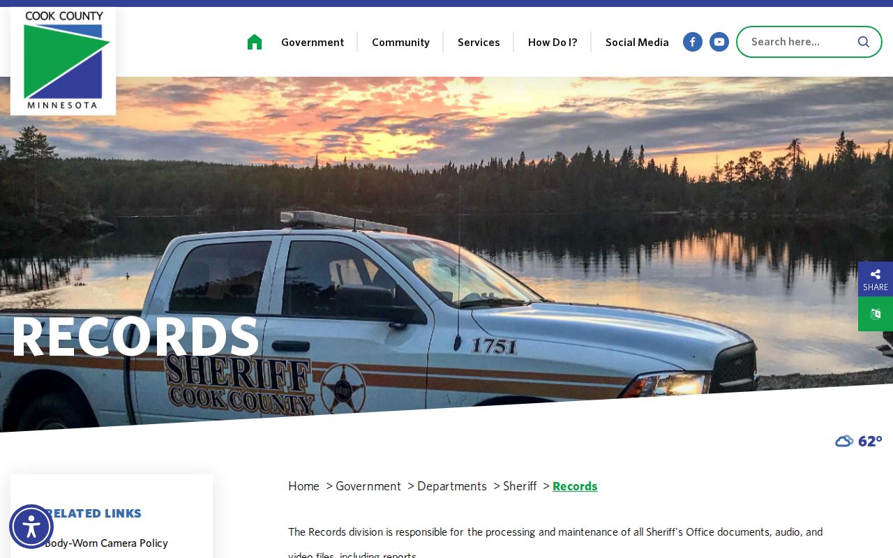 Cook County Sheriff records page for Grand Marais warrant records requests